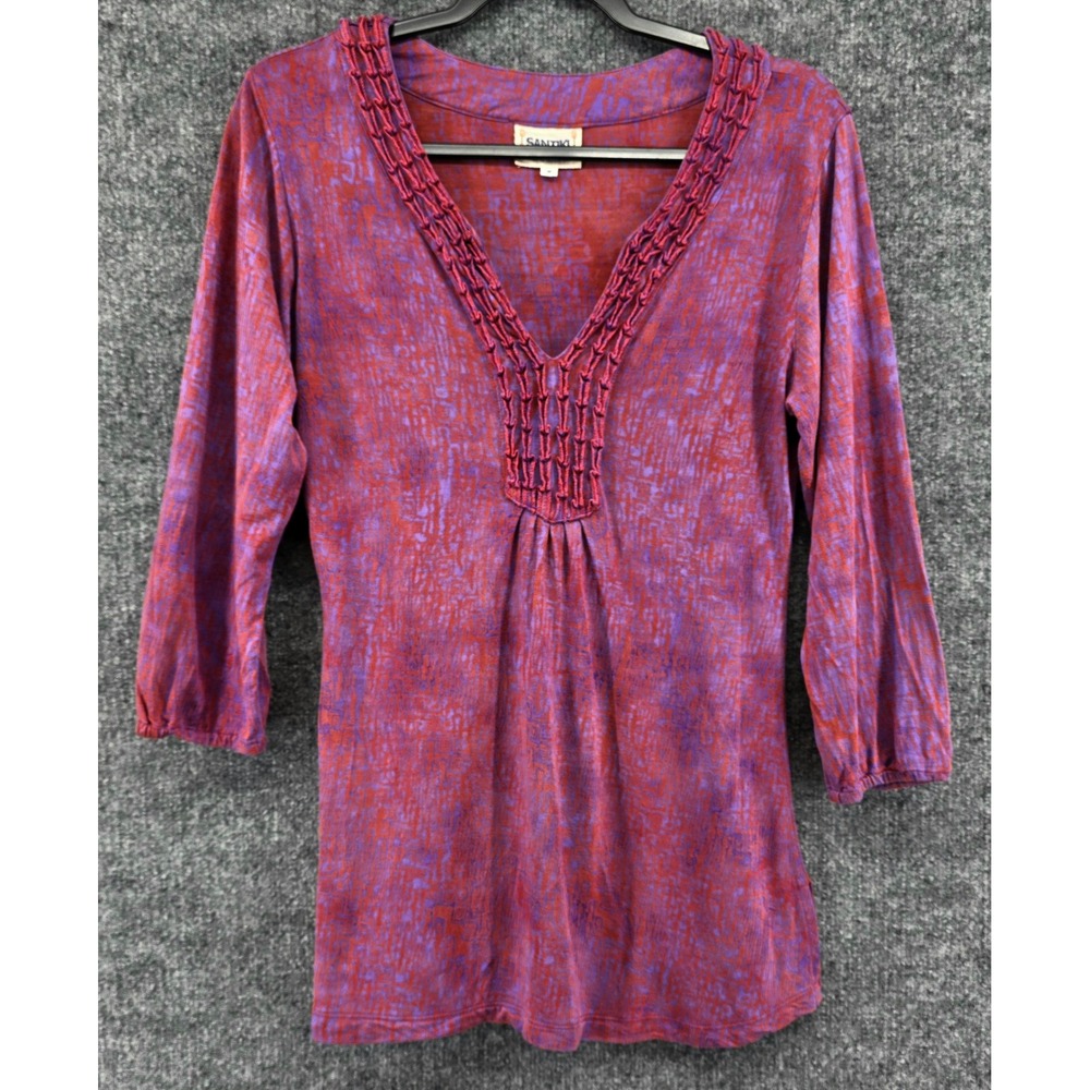 Santiki Blouse Women M Red Purple V-Neck 3/4 Sleeve Smocked Batik Vintage Boho